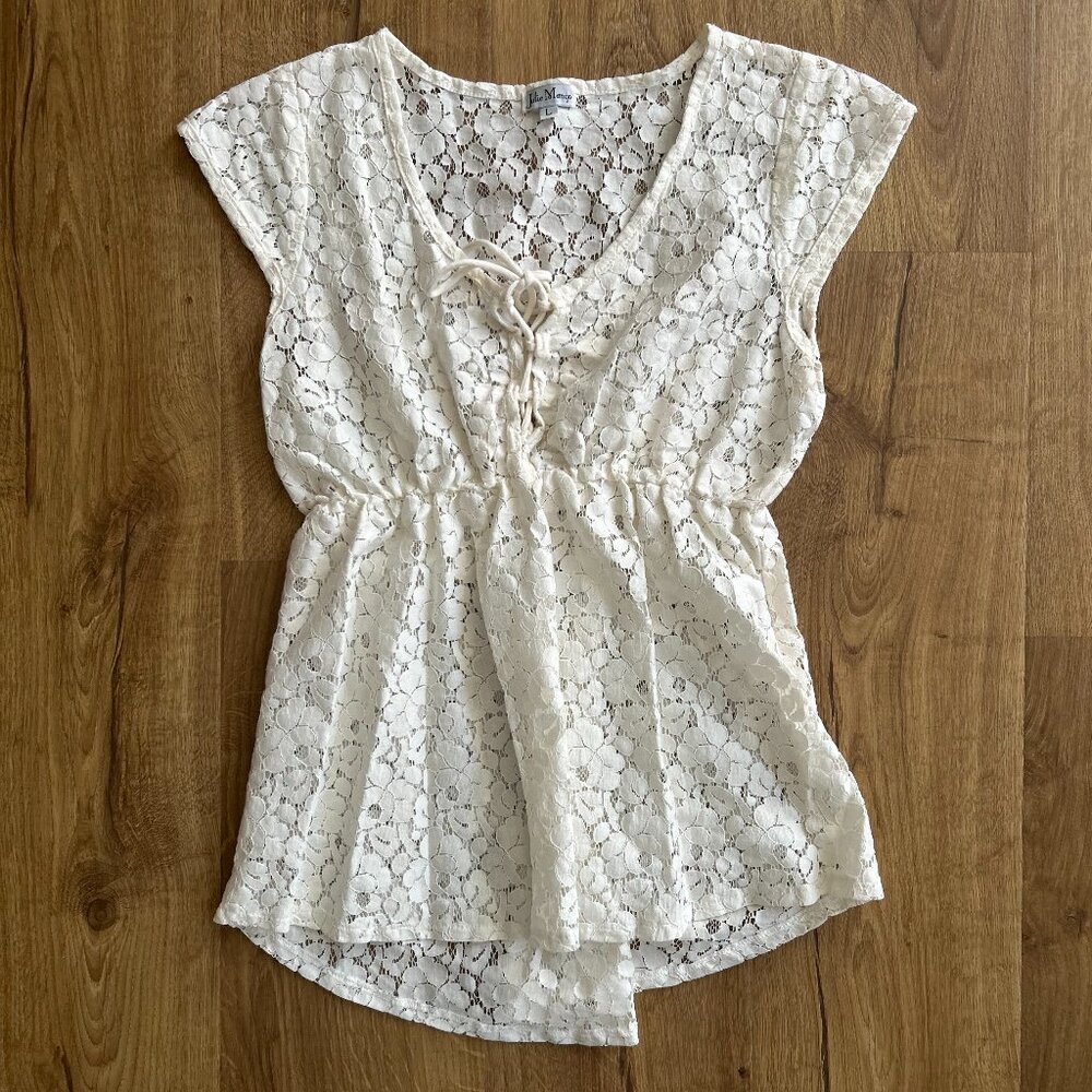 Julie Mango Lace Hi-Low Blouse – Size Large Cap Sleeve Elastic Empire Waist